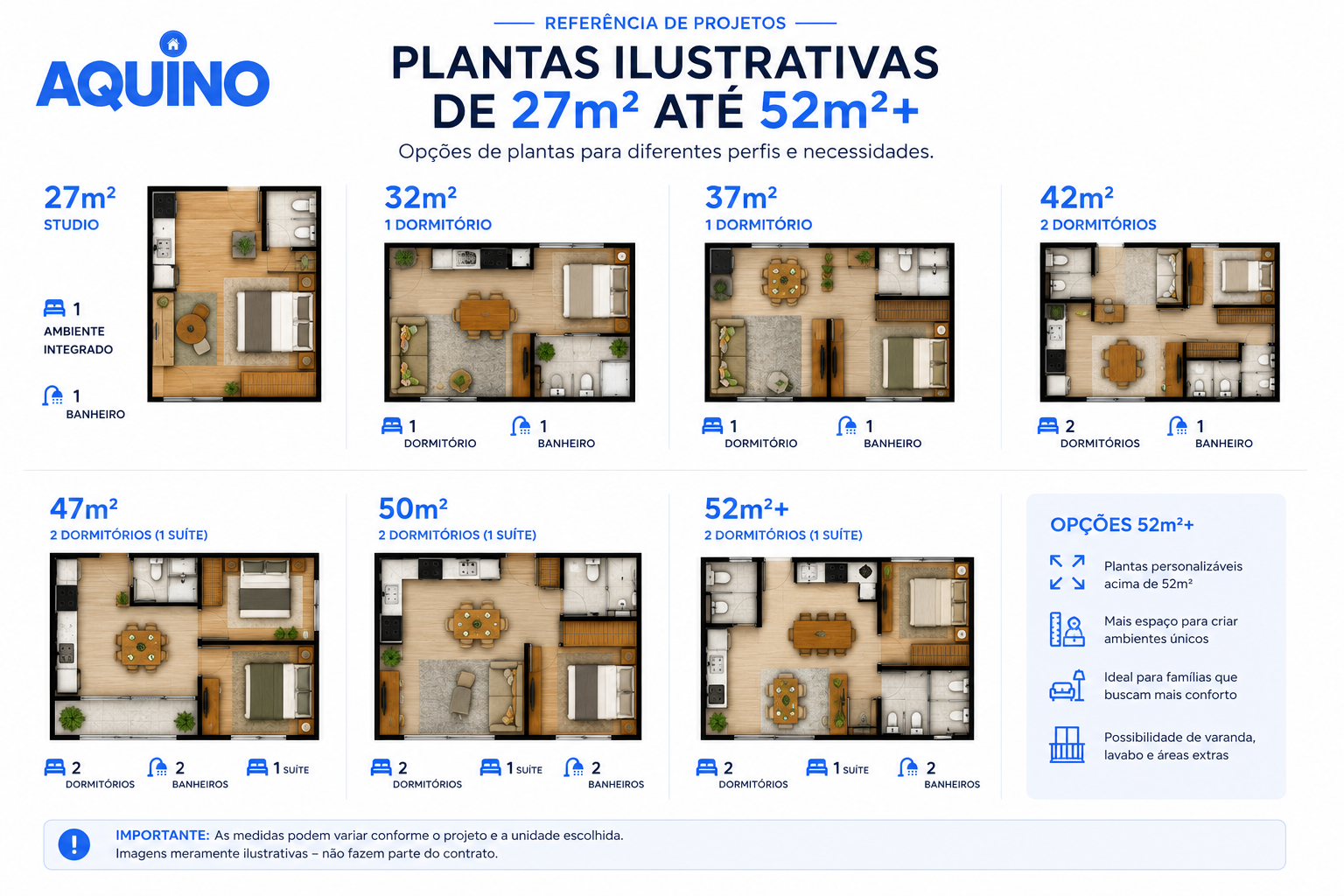 Comparativo visual de metragem: 27m², 52m², 85m² e 120m²